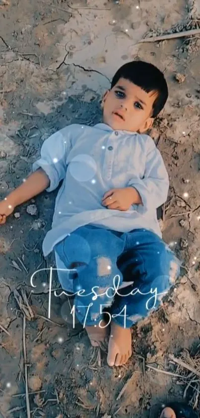 Adorable child lying on earthy ground outdoors, surrounded by nature.