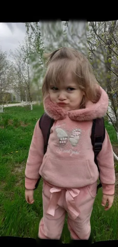 Adorable child in pink hoodie with a playful pout outdoors.