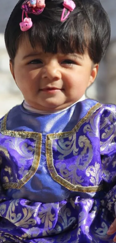 Adorable child in purple dress smiling.