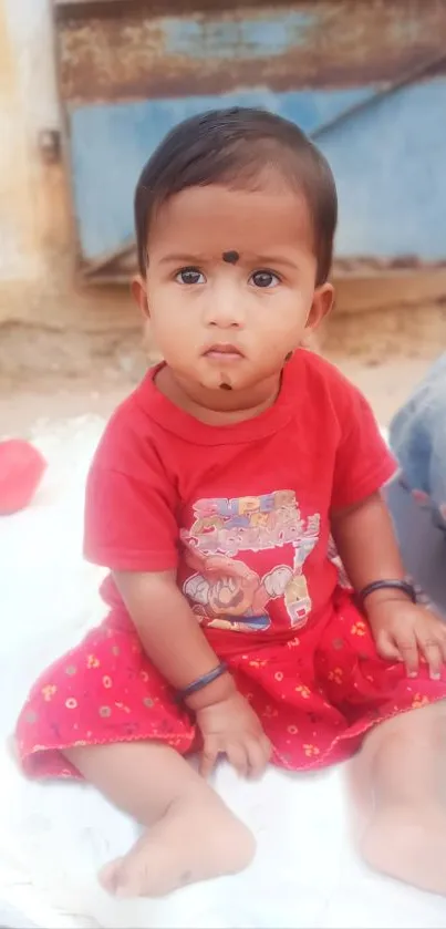 Adorable child in red outfit sitting outdoors.