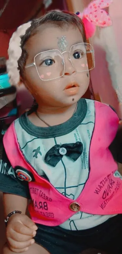 Adorable child with glasses in pink outfit, stylish and cute.