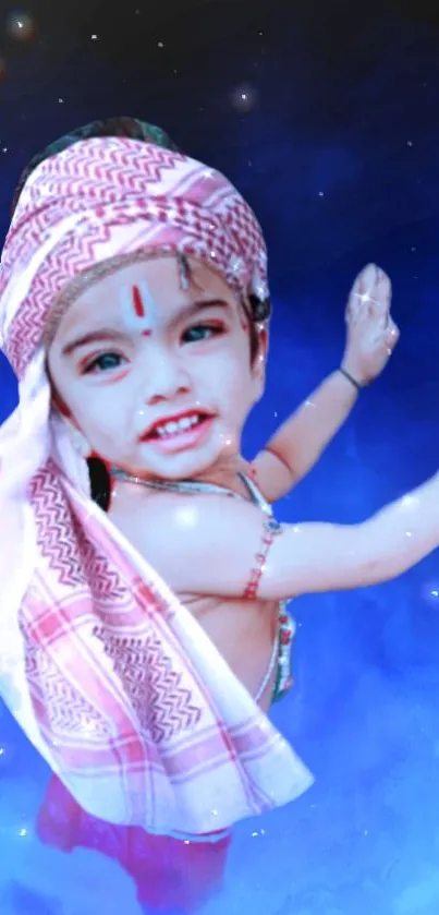 Adorable child in traditional attire with blue cosmic background.