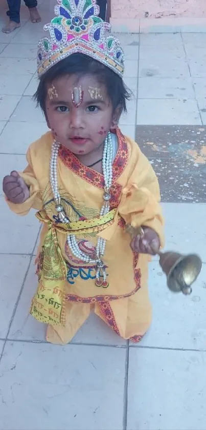 Adorable child in colorful traditional attire holding a bell, standing on a tiled floor.