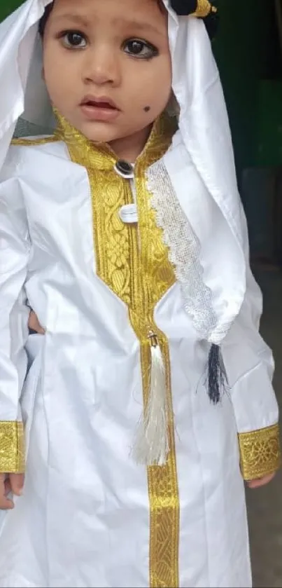 Adorable child wearing traditional white and gold attire.