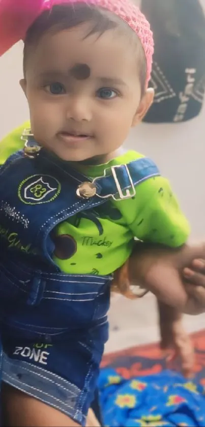 Adorable baby in vibrant denim outfit smiling.