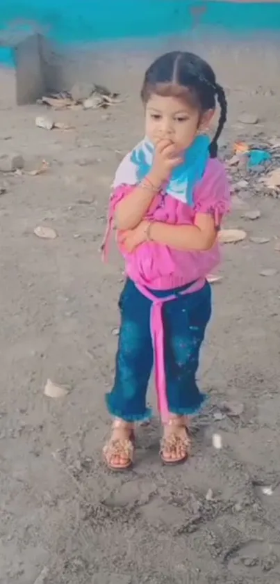 Adorable child in vibrant pink outfit standing thoughtfully on a sandy beach.