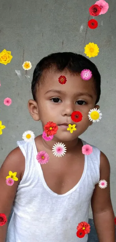 Young child in a white shirt against a gray wall.