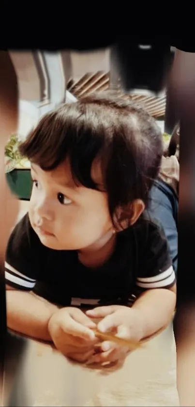 Adorable child resting on a surface with a blurred background.