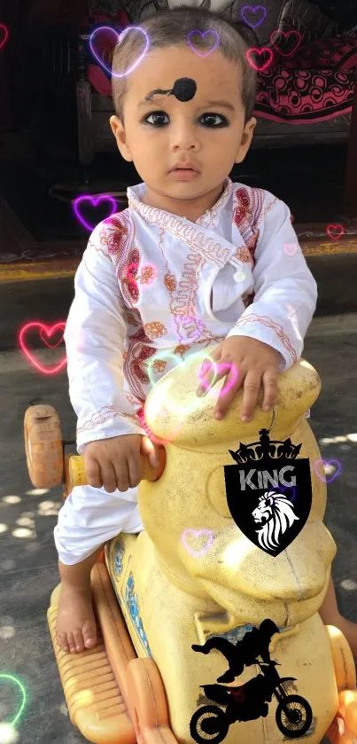 Adorable child on a toy bike with heart graphics.