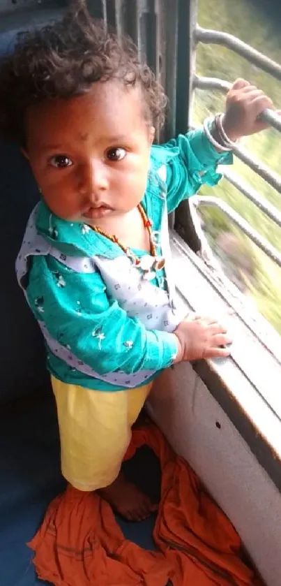 Adorable child gazes out train window, vibrant colors.