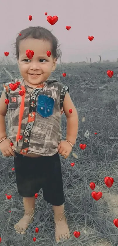 Adorable child smiling outdoors in a grassy field.