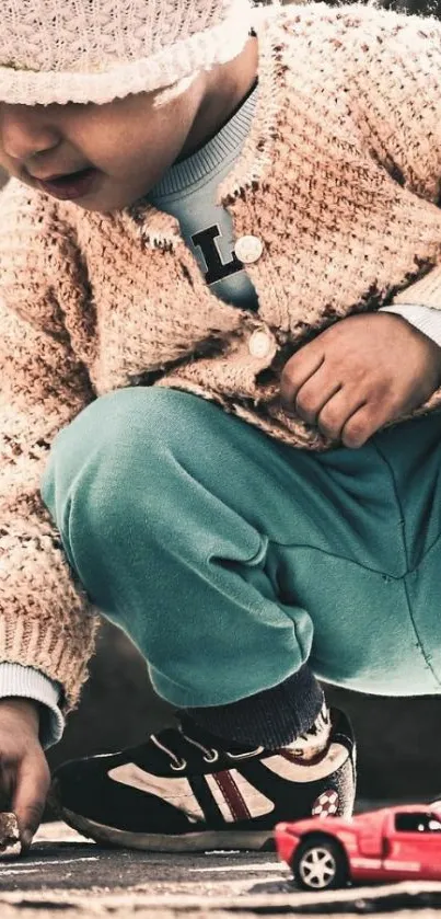 Child in warm clothes playing with a toy car on the ground.