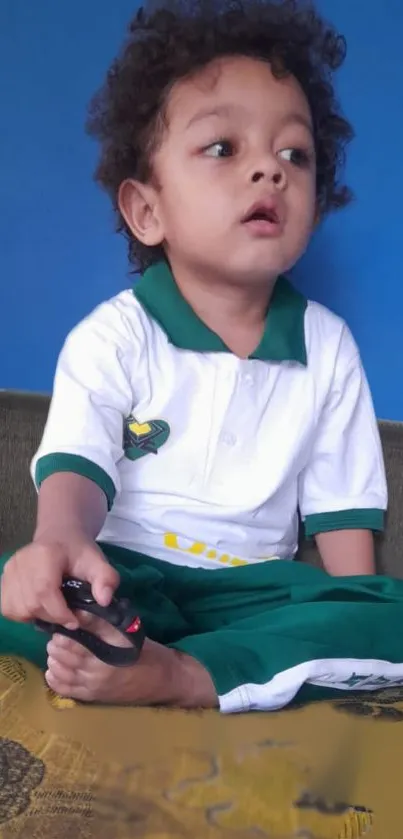 A cute child sitting against a blue background, wearing a casual outfit.