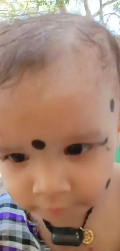 Adorable baby with facial decorations in a portrait.