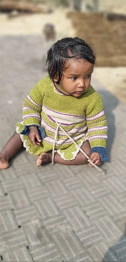 An adorable child sitting outdoors on a sunny day.