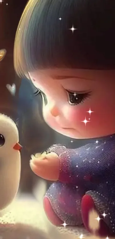 Adorable child gazes at bird with sparkling stars.