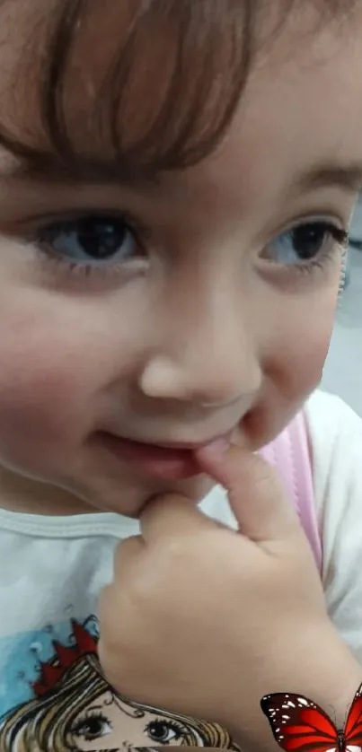 Adorable child with a butterfly on shirt, pondering with finger on mouth.