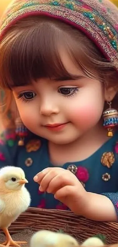 Cute child with a duckling in traditional attire, warm hues.