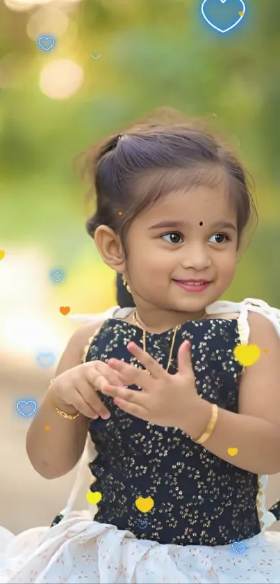 Adorable child with heart icons in a green background.