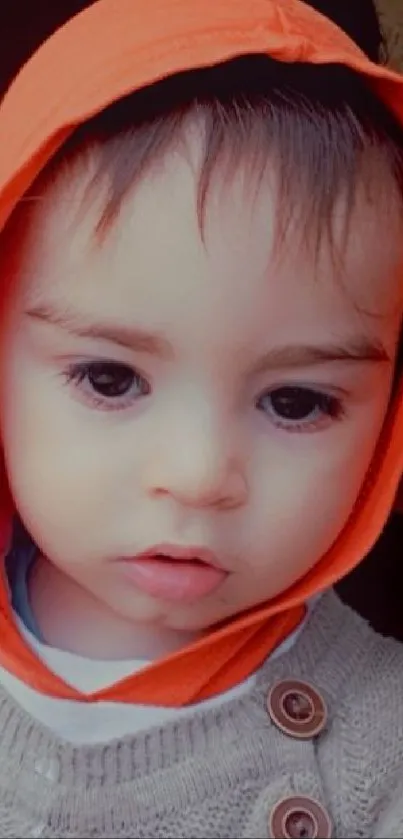 Adorable child in an orange hoodie with floral accents.