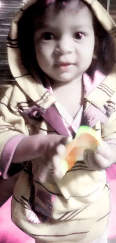 Adorable child in a yellow hoodie holding a toy.