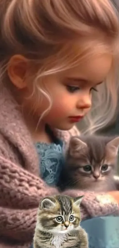 Girl in a sweater holding a kitten, warm and soft tones.