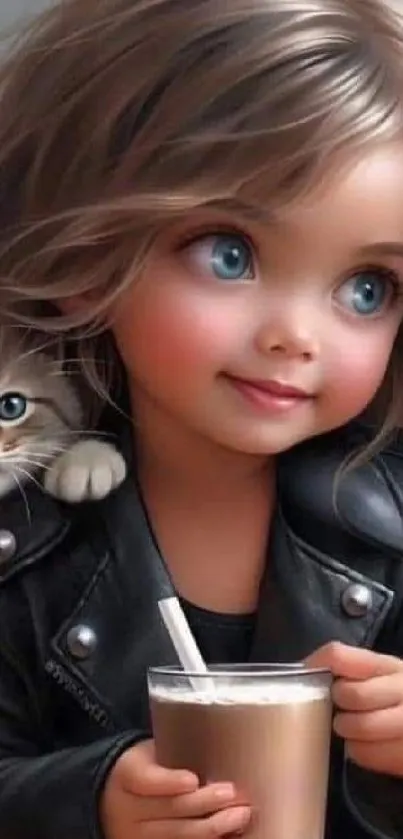 Adorable child and kitten in cute mobile wallpaper.