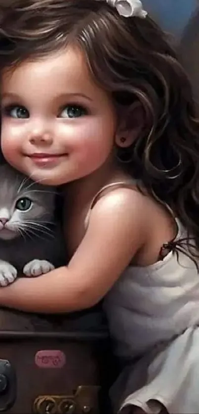 Adorable child hugging a kitten illustration wallpaper.