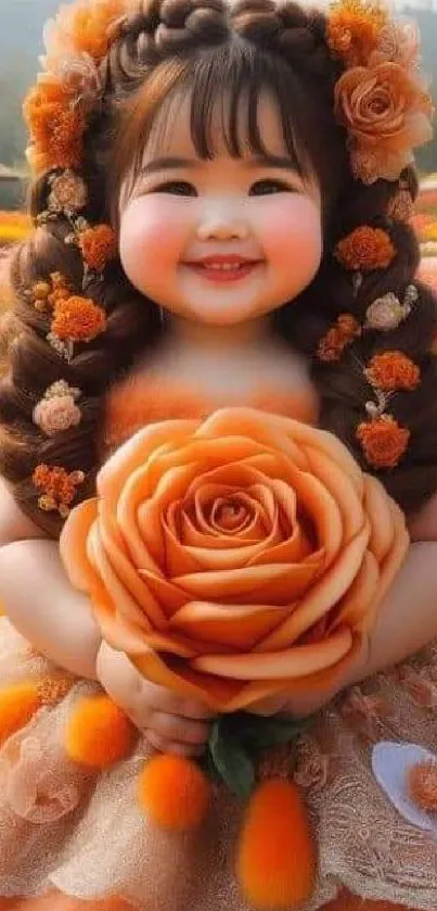 Adorable child with a large orange flower in a colorful field.