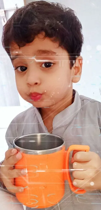 Child holding orange mug in cozy setting.