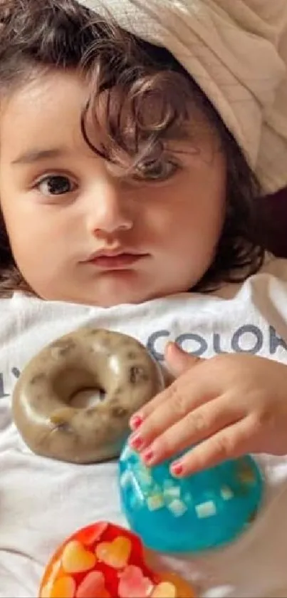 Adorable child holding colorful toys.
