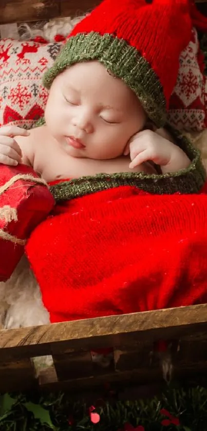 Adorable baby in Christmas outfit with red and green accents.