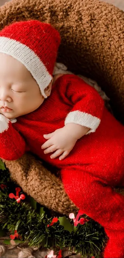 Sleeping baby in red Santa outfit surrounded by Christmas decor.