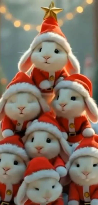 Bunnies in Santa hats form a festive pyramid for Christmas.