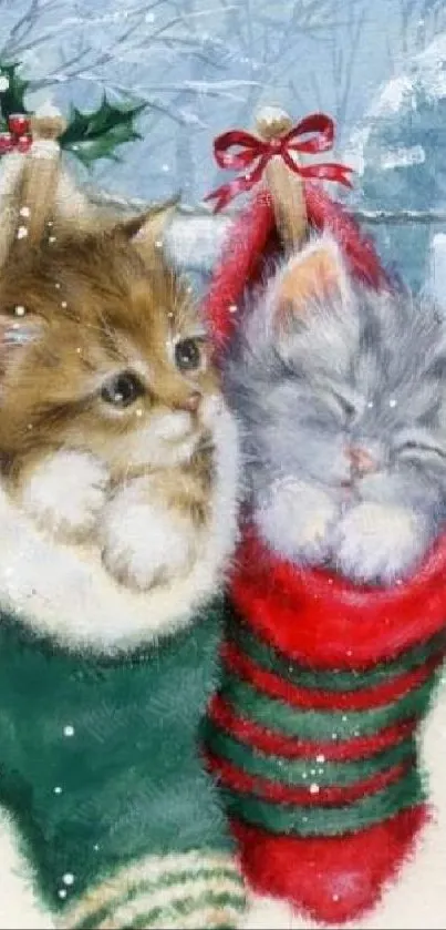 Three kittens in Christmas stockings on a snowy background.