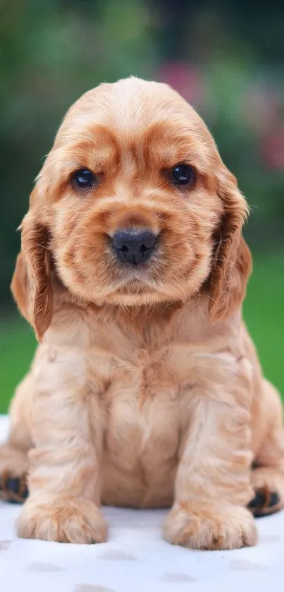 Adorable Cocker Spaniel puppy sitting on a blanket with a blurred garden background.