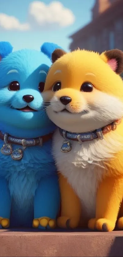 Two adorable colorful puppies sitting together.