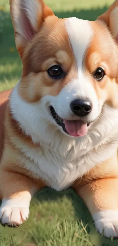 Adorable Corgi puppy on green grass.