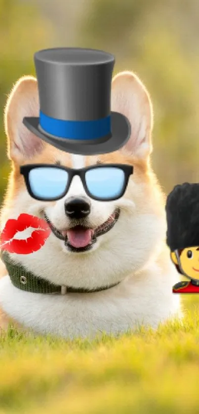 Adorable corgi in sunglasses with top hat on grass.