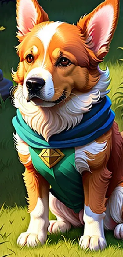 Charming corgi in a mystical forest setting, wearing a green cape.