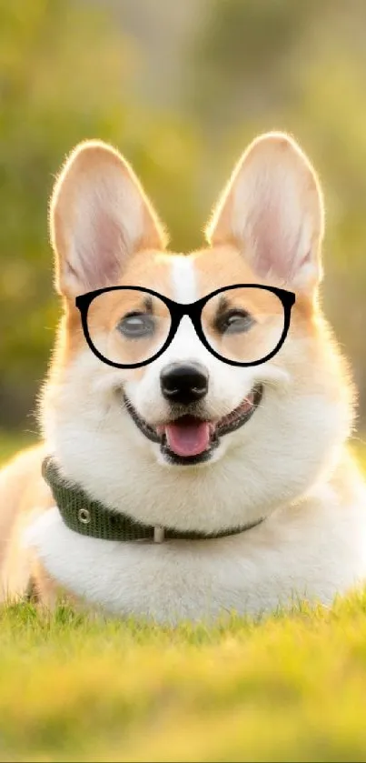 Cute corgi wearing glasses in a sunny field.