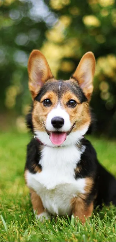 Adorable corgi sitting on lush green grass with a blurred floral background.