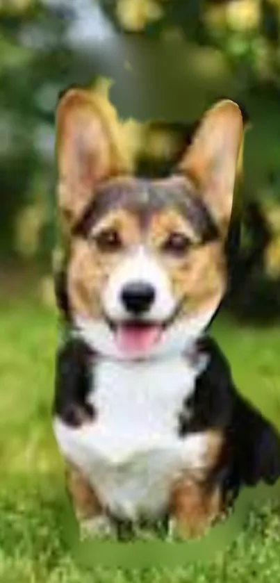 Cute corgi in a vibrant spring field with flowers and green grass.