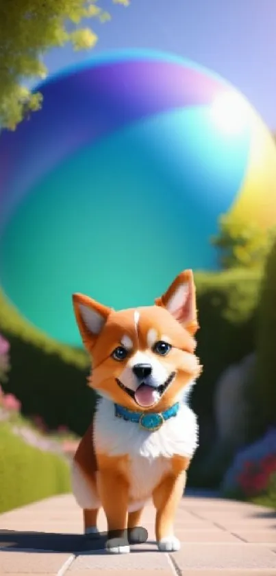 Corgi standing on garden path with colorful ball in background.