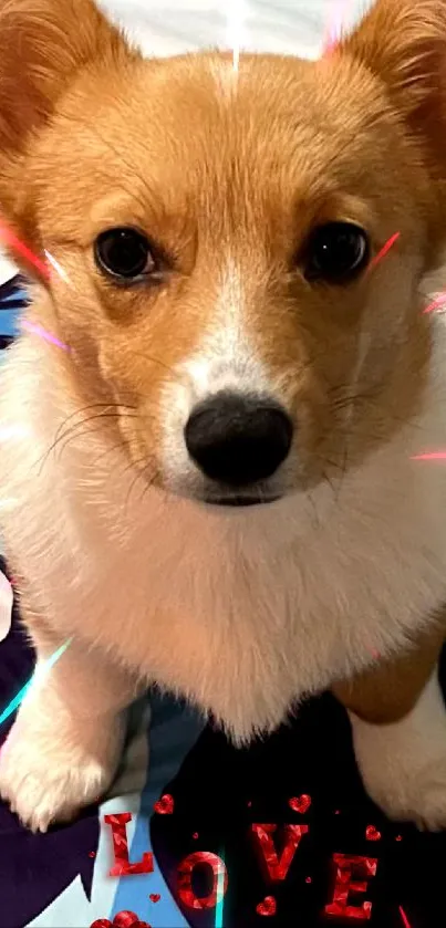 Cute Corgi dog with love graphics on mobile wallpaper.