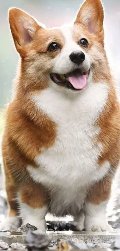 Happy corgi walking on a sunlit path, perfect for mobile wallpaper.