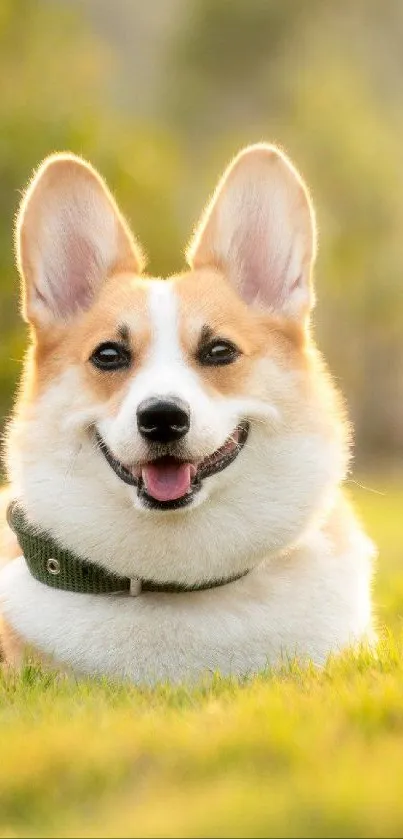 A smiling Corgi dog lying in a sunlit grassy field.