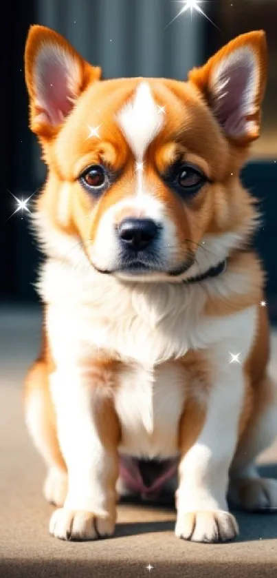 Cute Corgi puppy sitting outdoors on a sunny day.