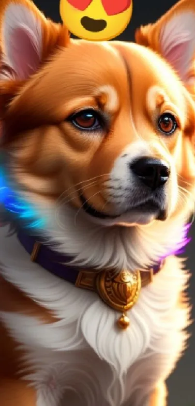 Adorable corgi with heart emoji and vibrant collar design.