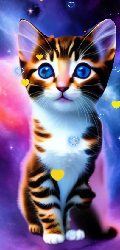 Cute kitten with blue eyes in a cosmic galaxy background with hearts.